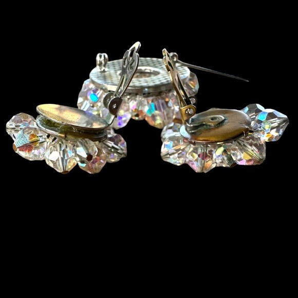VTG Beaded Aurora Borealis Brooch clip-on Earrings Iridescent Crystal Round Dome - Picture 6 of 7